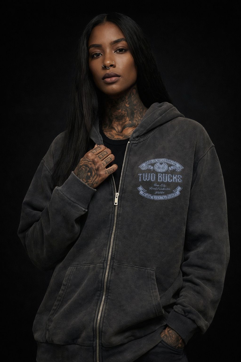 TwoBucks Asid Yıkama Oversize Siyah Fermuarlı Hoodie